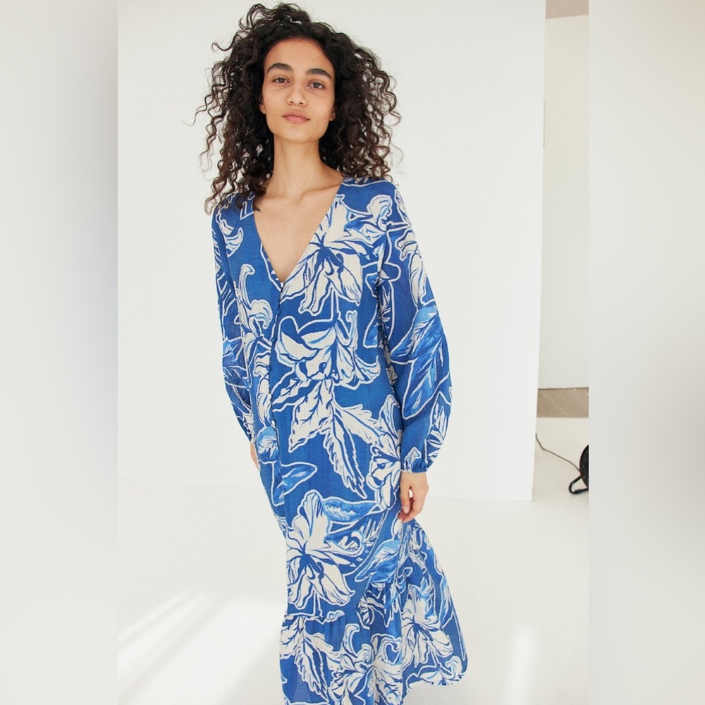 H&M Mama Before & After Tie-Belt Dress Blue Floral